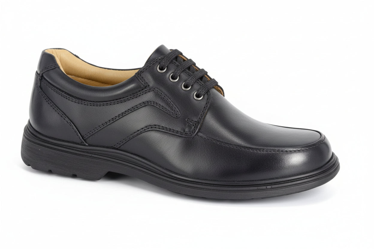 Black leather dress shoe on a white background UK Size 14