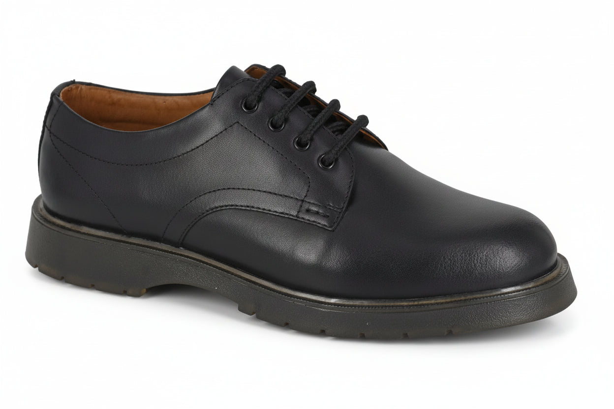 Black leather shoe on a white background UK Size 14