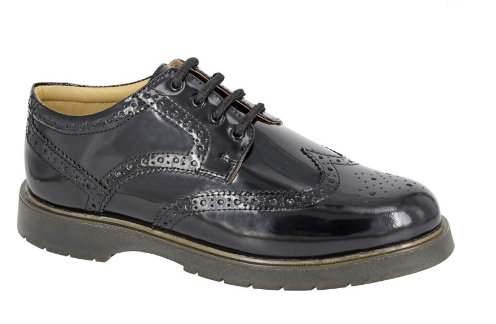 Black leather dress shoe on a white background UK Size 14