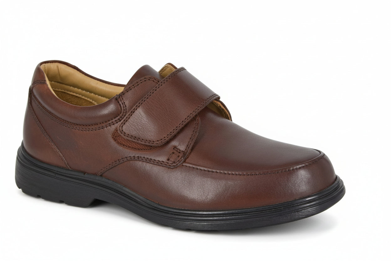 Brown leather shoe with a strap on a white background UK Size 14 Extra Wide