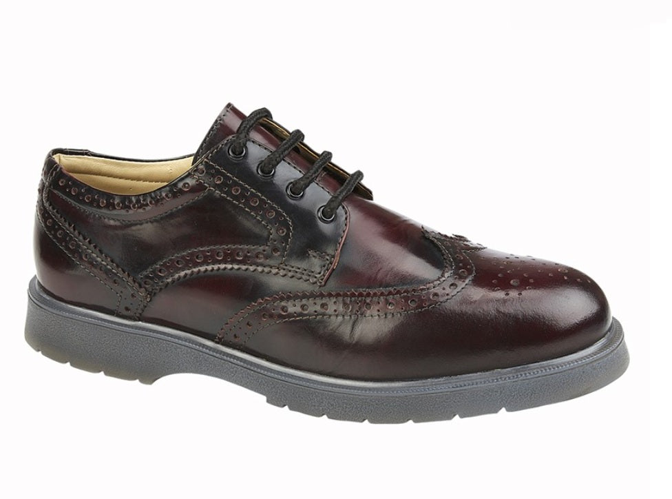 Brown leather shoe with black laces on a white background UK Size 14