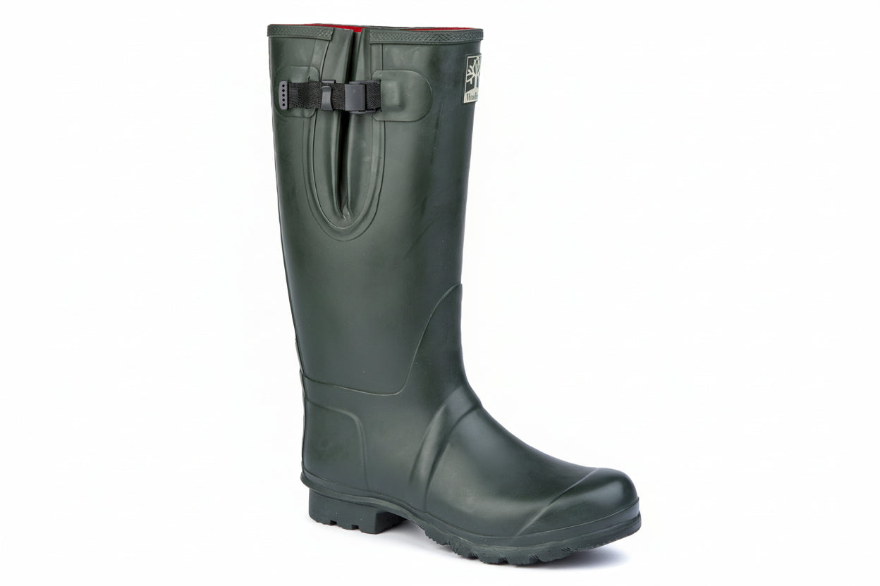 Green rubber boot with a buckle on a white background UK Size 15
