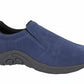 Blue slip-on shoe with a black sole on a white background UK Size 14