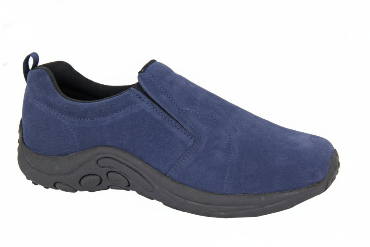 Blue slip-on shoe with a black sole on a white background UK Size 14