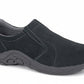 Black slip-on shoe with a gray sole on a white background UK Size 14
