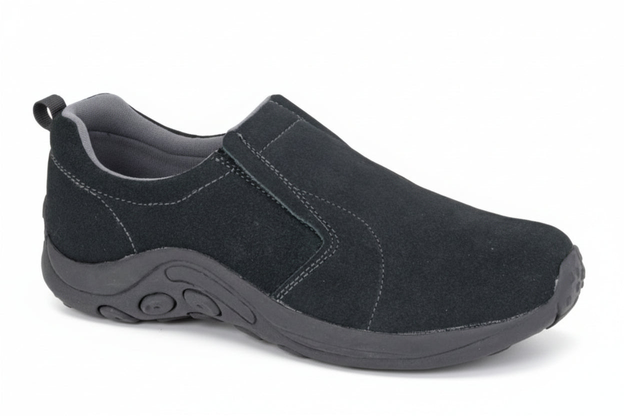 Black slip-on shoe with a gray sole on a white background UK Size 14