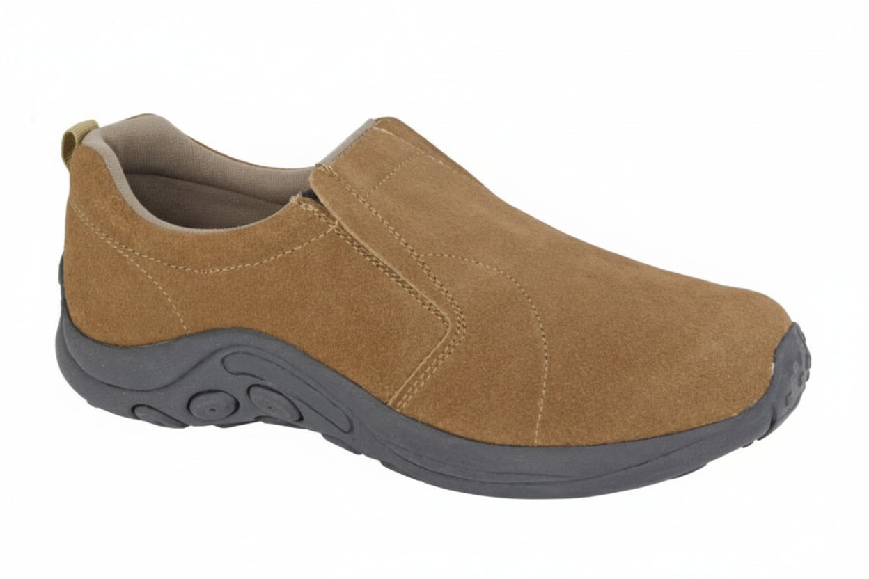 Brown slip-on shoe with gray sole on a white background UK Size 14