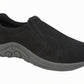 Black slip-on shoe with a gray sole on a white background UK Size 14