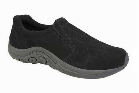 Black slip-on shoe with a gray sole on a white background UK Size 14