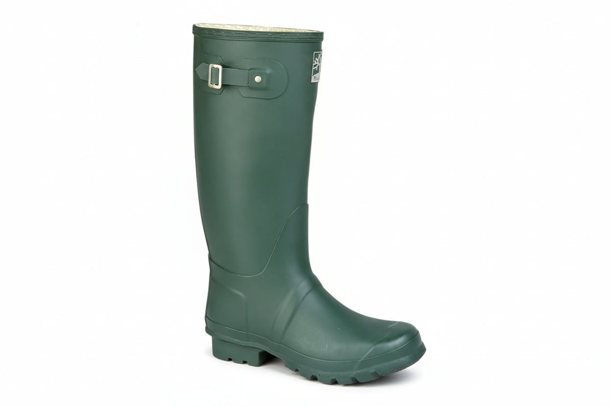 Green rubber boot with a buckle on a white background UK Size 15