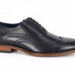 Black leather dress shoe with brown sole on a white background UK Size 14