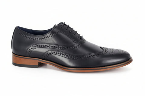 Black leather dress shoe with brown sole on a white background UK Size 14