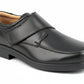 Black leather shoe with a strap on a white background XXX Wide Extra Wide UK Size 15