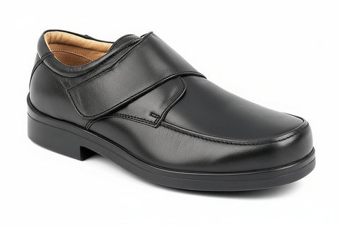 Black leather shoe with a strap on a white background XXX Wide Extra Wide UK Size 15