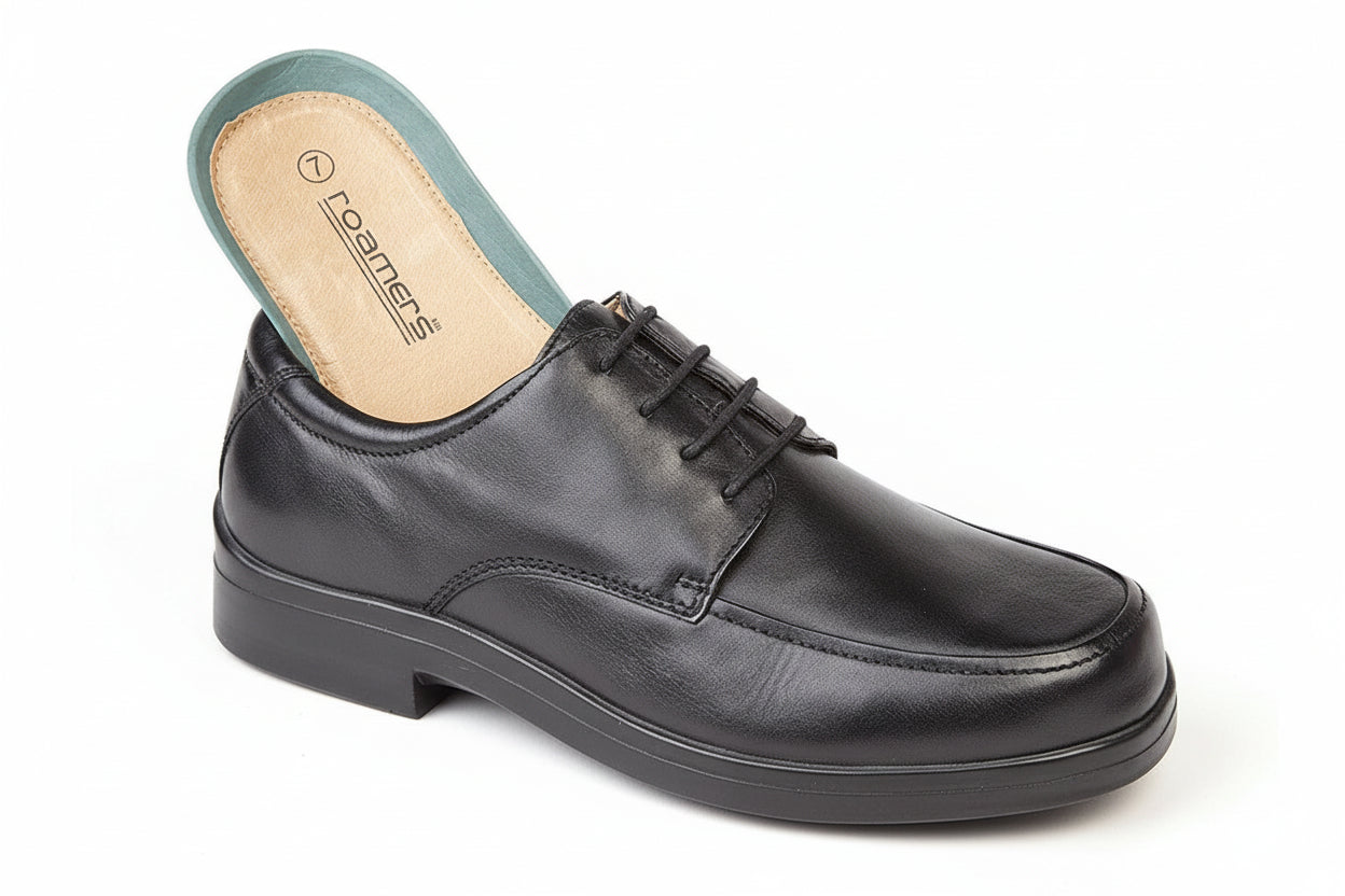 Black leather dress shoe with a visible brand logo on a white background UK Size 15 XXX Wide Extra Wide