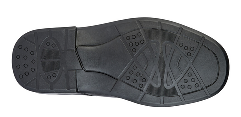 Black shoe sole with tread pattern on a white background UK Size 14