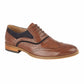 Brown leather dress shoe with black accents on a white background UK Size 14
