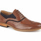 Brown leather dress shoe with black accents on a white background UK Size 14