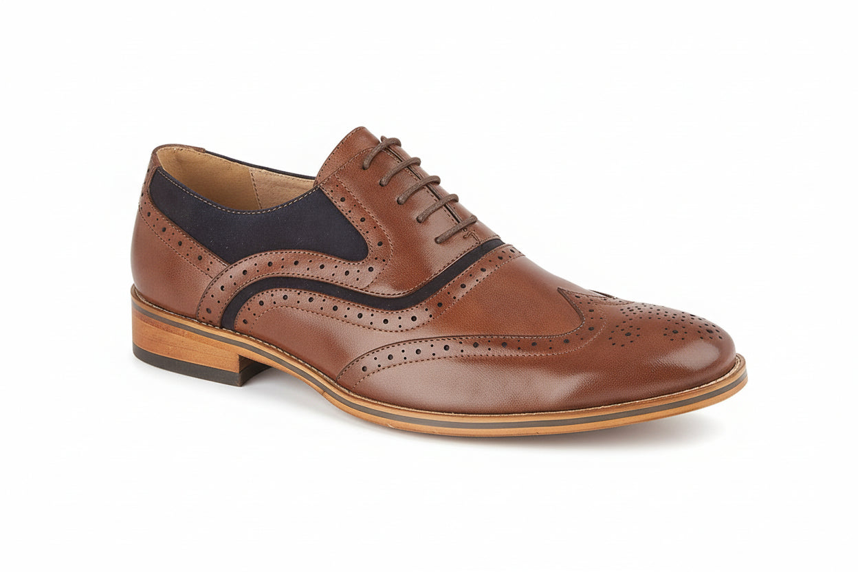 Brown leather dress shoe with black accents on a white background UK Size 14