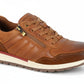 Brown leather sneaker with a gold zipper on a white background