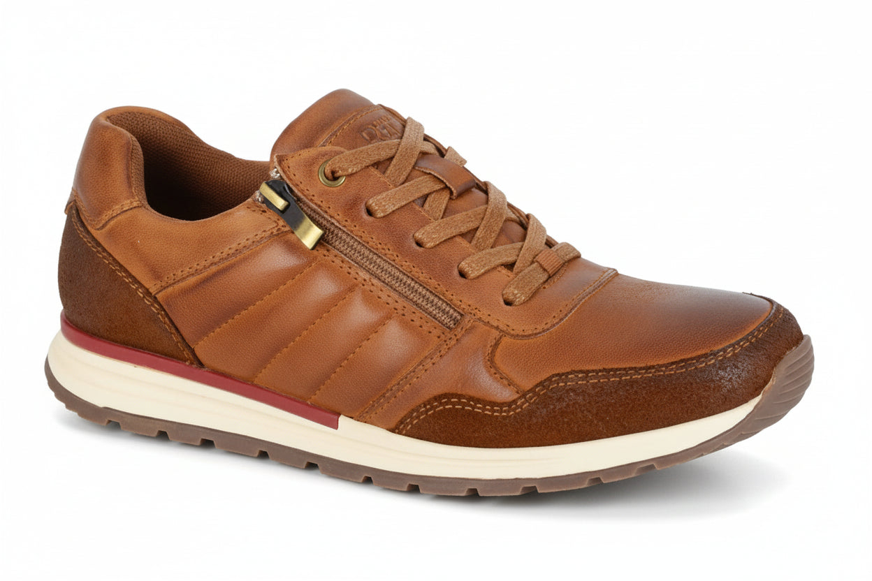 Brown leather sneaker with a gold zipper on a white background