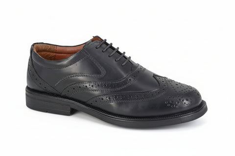 Black leather dress shoe on a white background UK Size 14