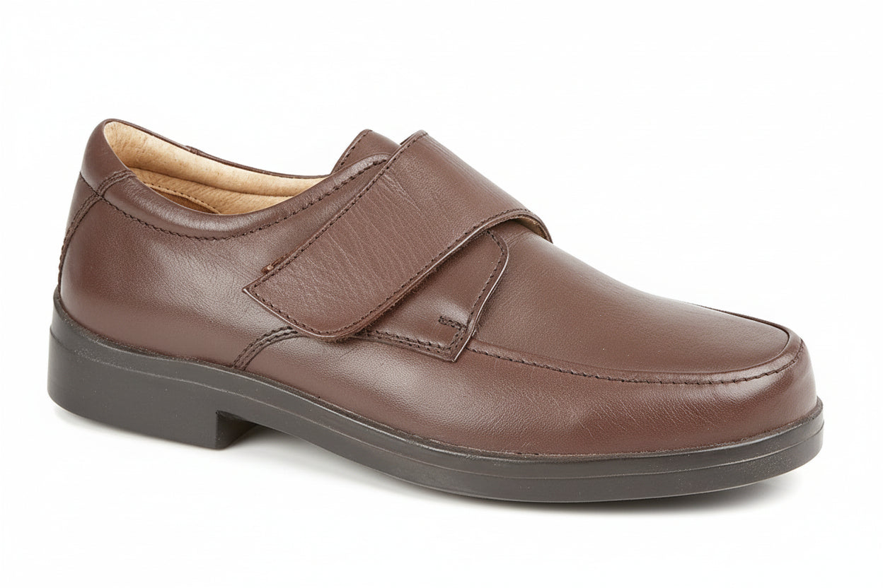 Brown leather shoe with a strap on a white background XXX Wide, Extra Wide UK Size 15