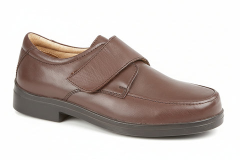 Brown leather shoe with a strap on a white background XXX Wide, Extra Wide UK Size 15