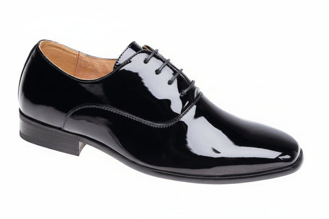 Black patent leather dress shoe on a white background UK Size 16