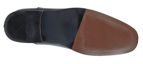 Close-up of a shoe sole with black and brown sections on a white UK Size 16 background
