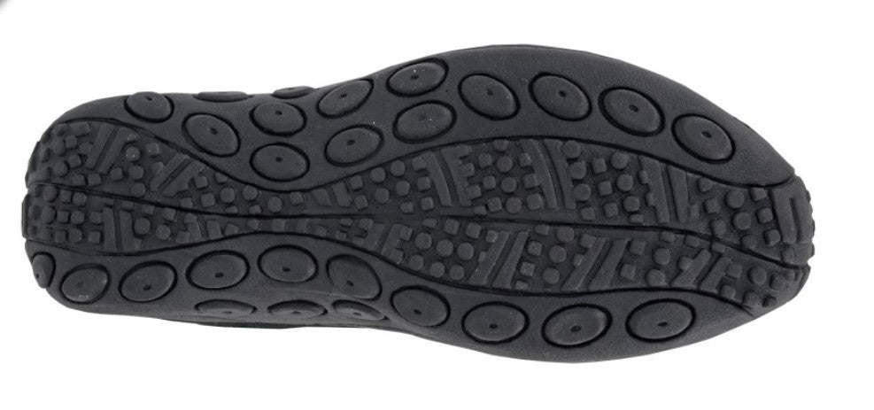 Black shoe sole with tread pattern on a white background UK Size 14