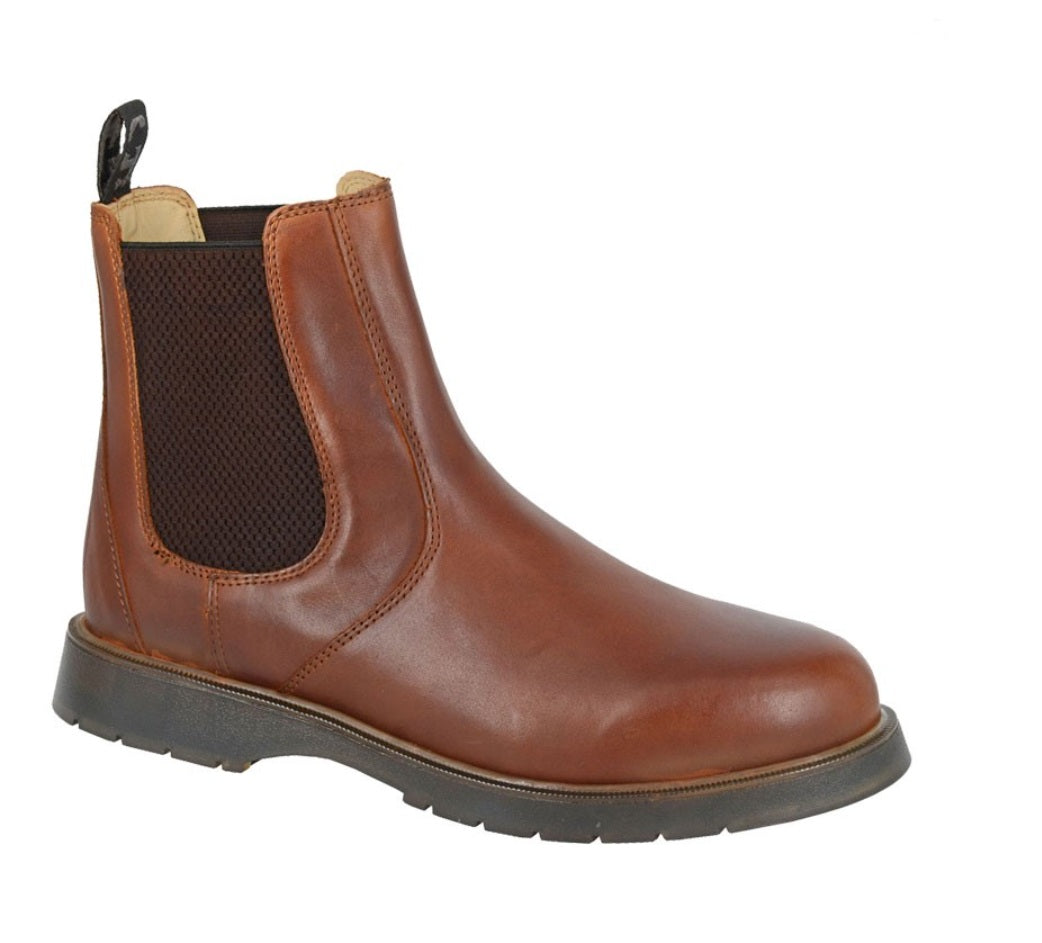 Brown leather boot with a black sole on a white background UK Size 14