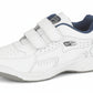 White athletic shoe with velcro straps on a white background