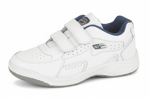 White athletic shoe with velcro straps on a white background