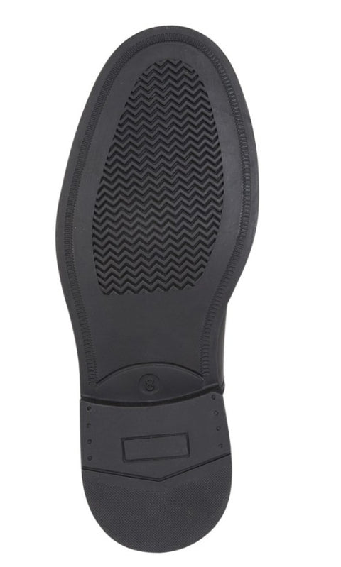 Black shoe sole with tread pattern on a white background UK Size 14